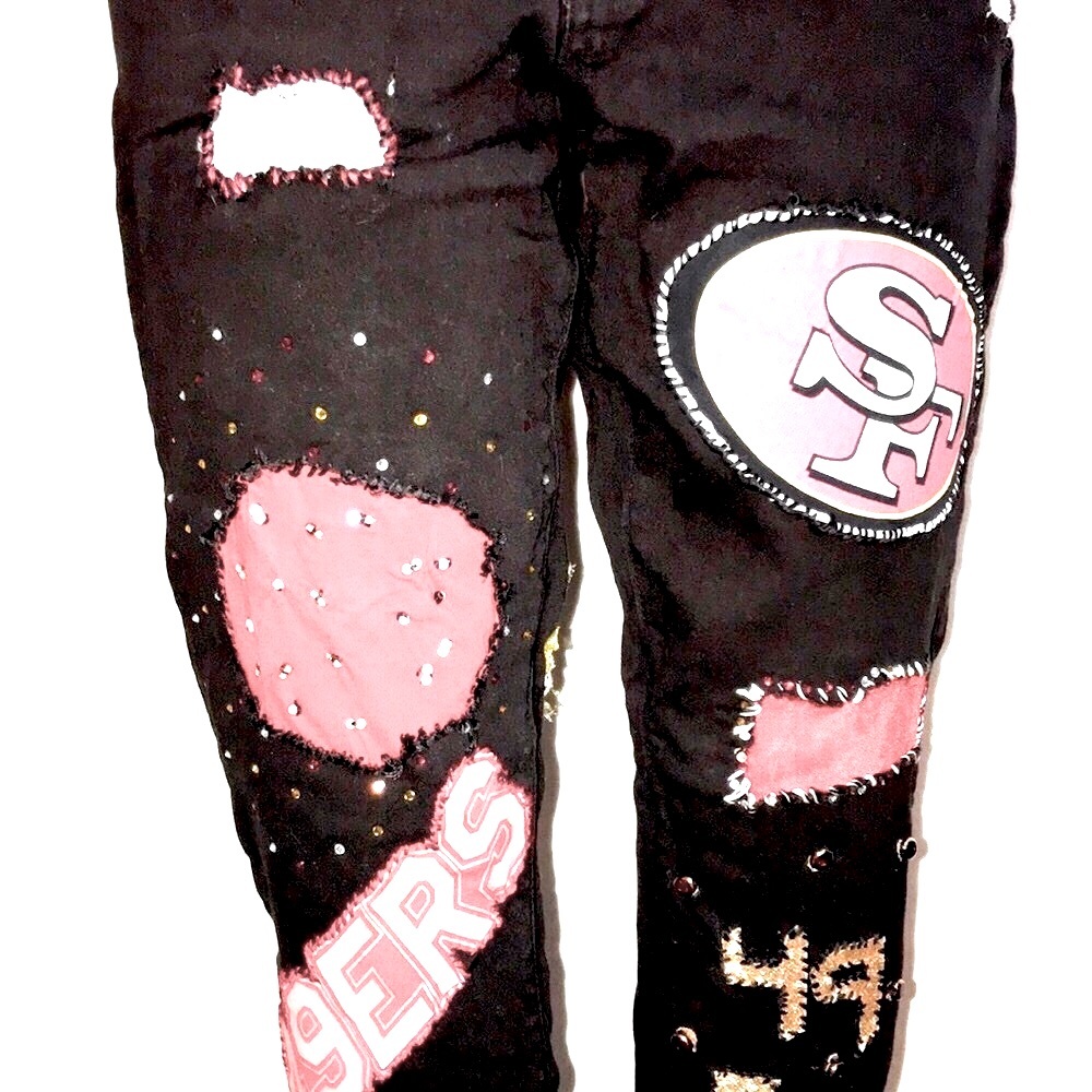 Women’s UPCYCLED HAND CRAFTED 49ers Themed Black Jeans TAHARI Sz 14P - Picture 7 of 15